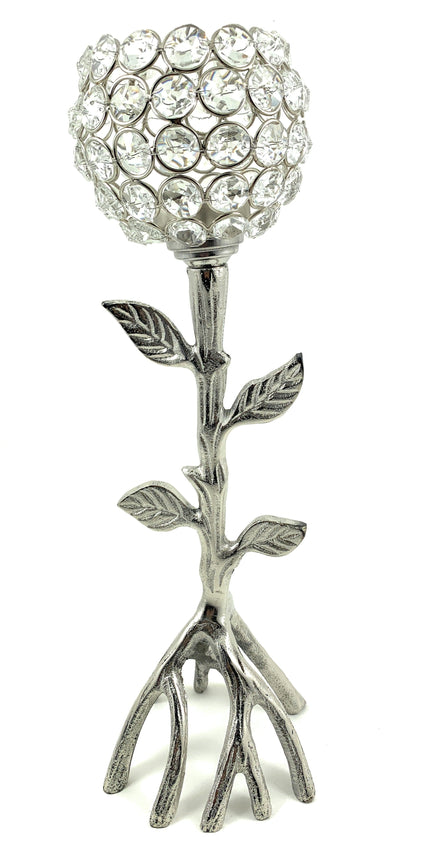 Handcrafted Silver Tree Hurricane Candle Holder with crystal flower design and aluminum base.