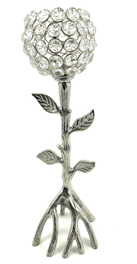 Handcrafted Silver Tree Hurricane Candle Holder with crystal flower design and aluminum base.