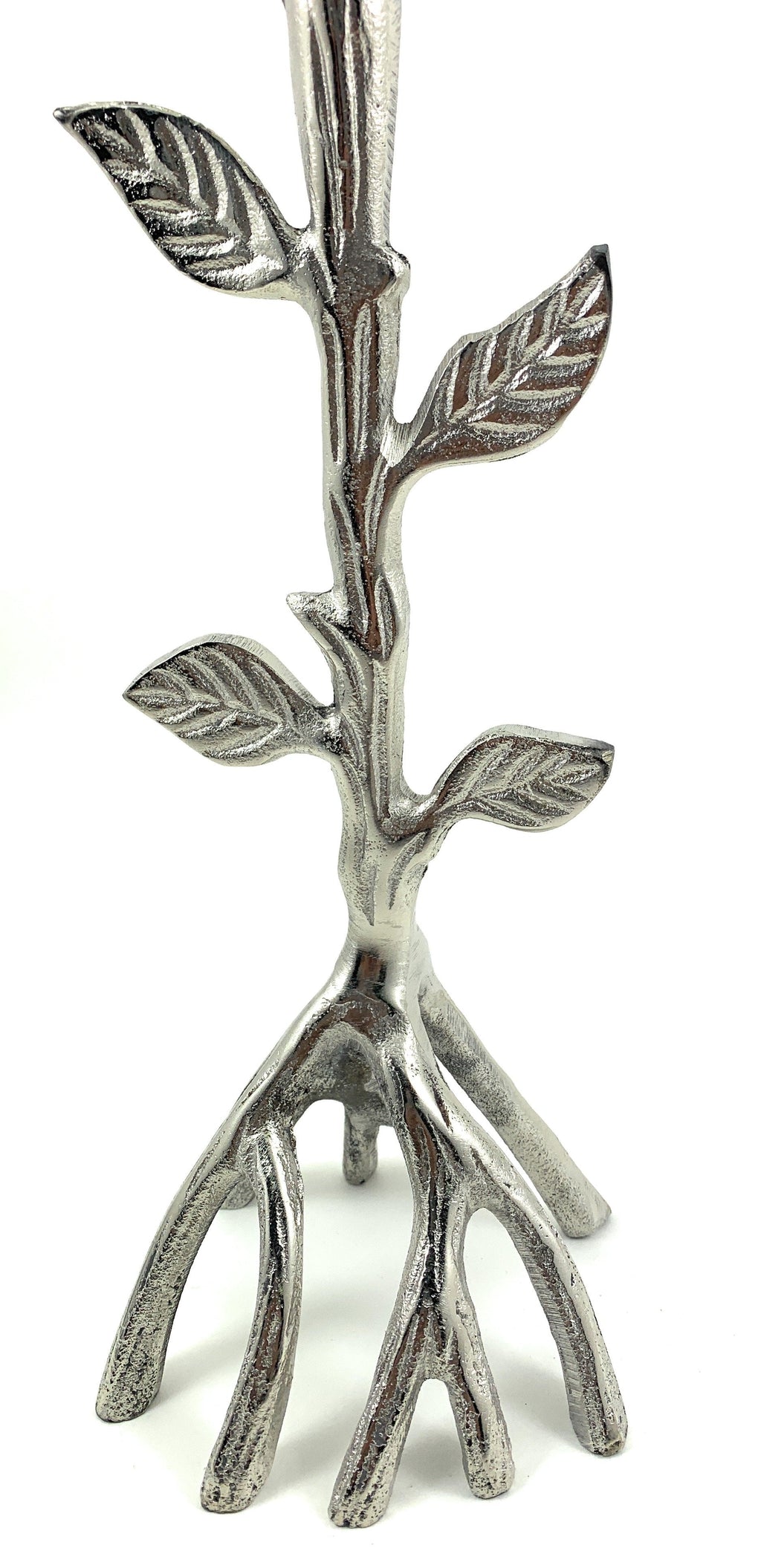Handcrafted Silver Tree Hurricane Candle Holder showcasing intricate silver branches and leaves design.