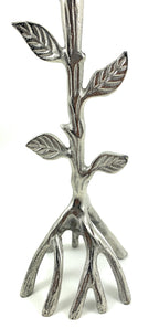 Handcrafted Silver Tree Hurricane Candle Holder showcasing intricate silver branches and leaves design.