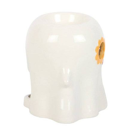 White glossy ceramic ghost-shaped wax warmer with orange-yellow sunflower motif on the right, top bowl opening visible.