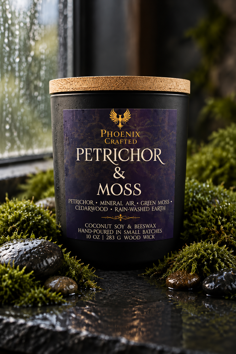 Petrichor & Moss candle with rain-washed earth fragrance, Phoenix Crafted
