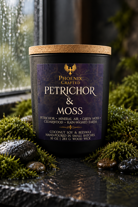 Petrichor & Moss candle with rain-washed earth fragrance, Phoenix Crafted
