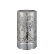 Silver cylindrical metal wax warmer with honeybee and honeycomb cutout pattern, open top showing gray inner mesh and polished round base