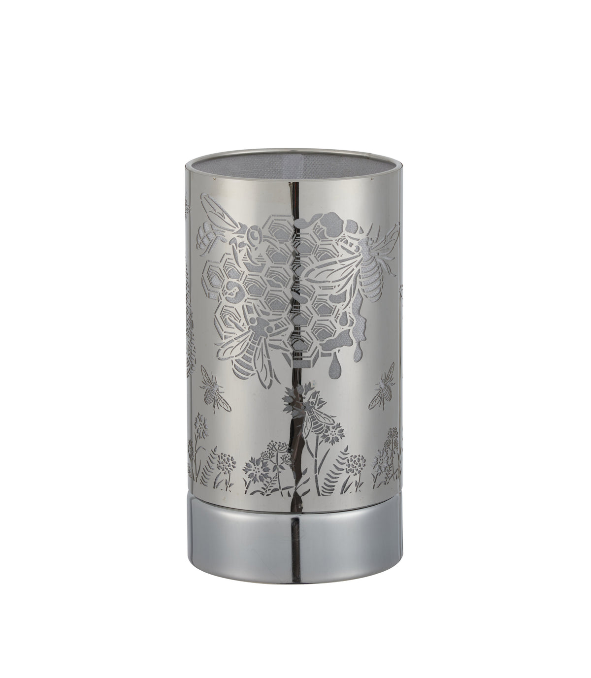 Silver cylindrical metal wax warmer with honeybee and honeycomb cutout pattern, open top showing gray inner mesh and polished round base