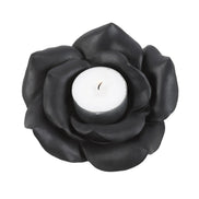 Black rose tealight candle holder featuring a single tealight, elegantly crafted in resin for a gothic aesthetic.