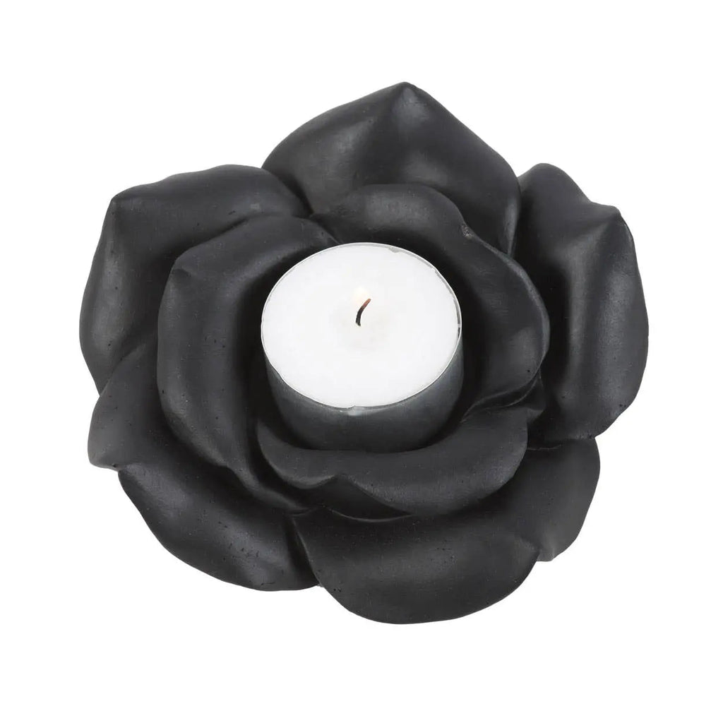 Black rose tealight candle holder featuring a single tealight, elegantly crafted in resin for a gothic aesthetic.