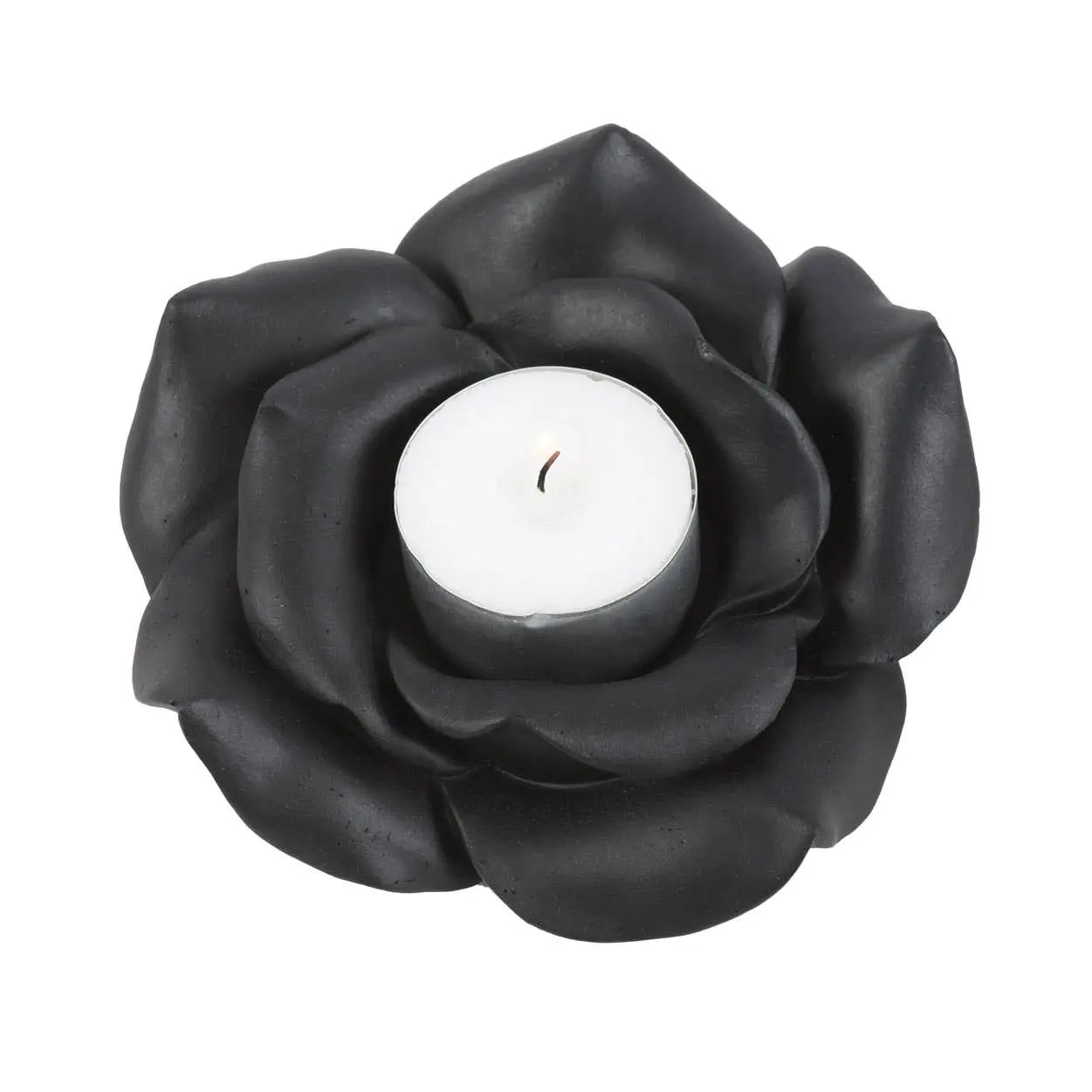 Black rose tealight candle holder featuring a single tealight, elegantly crafted in resin for a gothic aesthetic.