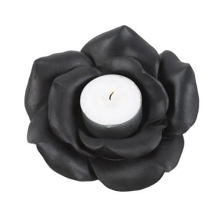 Black rose tealight candle holder featuring a single tealight, elegantly crafted in resin for a gothic aesthetic.