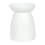 White Ceramic Seven Chakra Tealight Wax Warmer features a sleek design and chakra symbols for aromatic infusion.