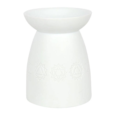 White Ceramic Seven Chakra Tealight Wax Warmer features a sleek design and chakra symbols for aromatic infusion.