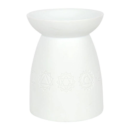 White Ceramic Seven Chakra Tealight Wax Warmer features a sleek design and chakra symbols for aromatic infusion.
