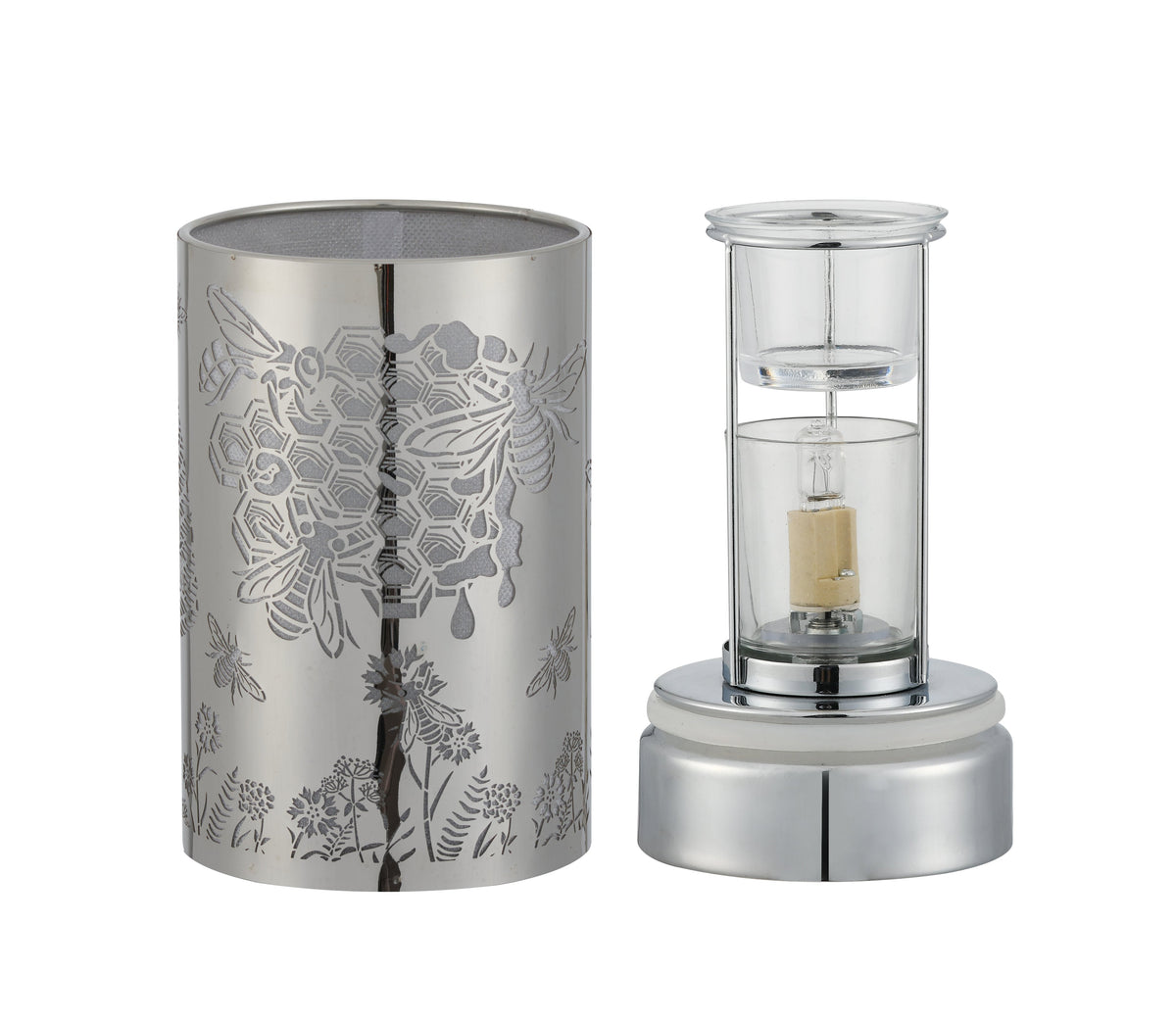 Silver cylindrical metal shade with laser-cut honeybee and floral pattern at left.