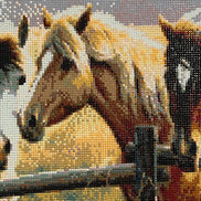 Close view of the Pasture Companions horse diamond painting with warm brown, chestnut, cream, and green details.