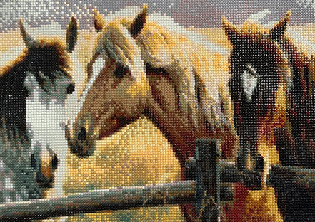 Close view of the Pasture Companions horse diamond painting with warm brown, chestnut, cream, and green details.