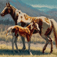 Mountain Meadow Duo Diamond Painting of a mare and foal in a serene landscape.