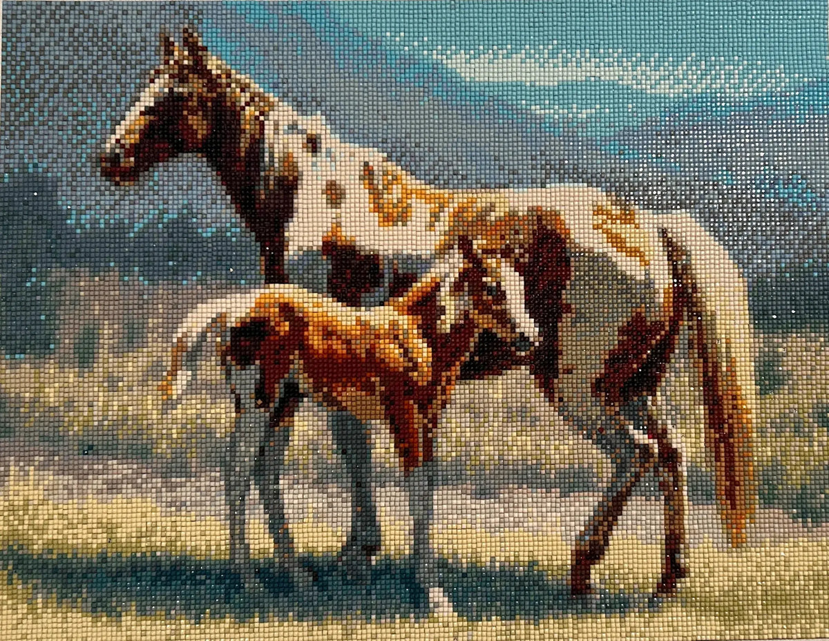 Mountain Meadow Duo Diamond Painting of a mare and foal in a serene landscape.