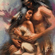 Sacred Embrace Diamond Painting featuring two figures in a loving embrace with vibrant colors and intricate details.