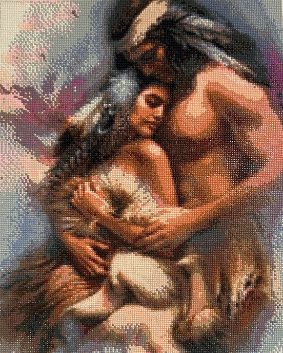 Sacred Embrace Diamond Painting featuring two figures in a loving embrace with vibrant colors and intricate details.