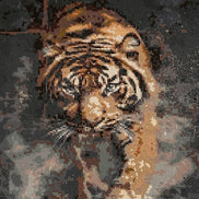 Shadowstride Tiger Diamond Painting featuring a fierce tiger emerging from darkness with vibrant resin diamonds.