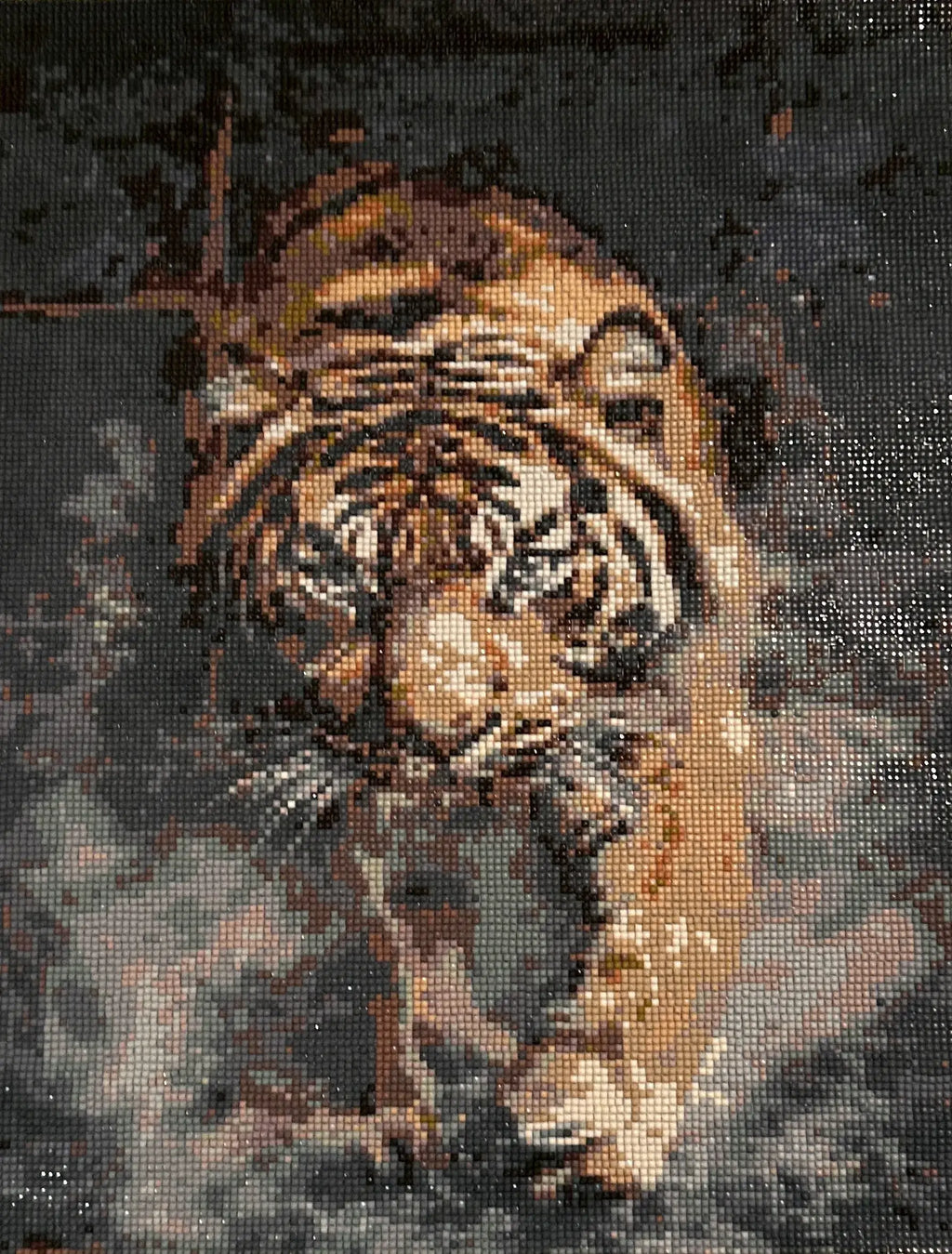 Shadowstride Tiger Diamond Painting featuring a fierce tiger emerging from darkness with vibrant resin diamonds.