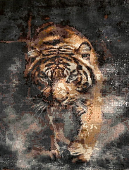 Shadowstride Tiger Diamond Painting featuring a fierce tiger emerging from darkness with vibrant resin diamonds.