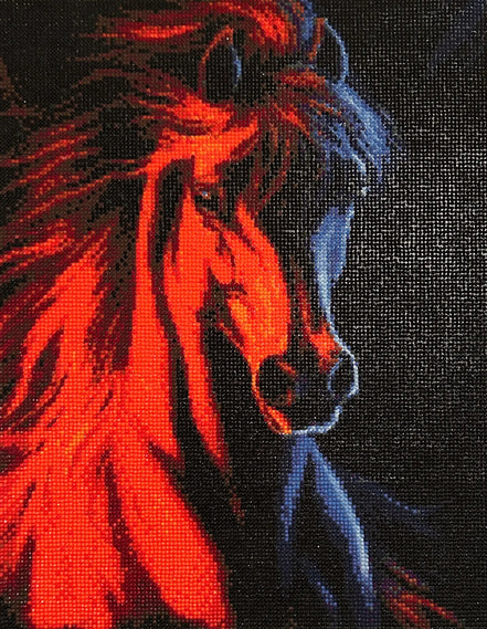 Close-up diamond painting of a stallion head with fiery red mane and blue face on a black mosaic of reflective round drills.