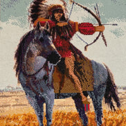 Diamond-painting close-up of a rider in a feathered headdress drawing a bow atop a gray horse, pale blue sky and golden grass