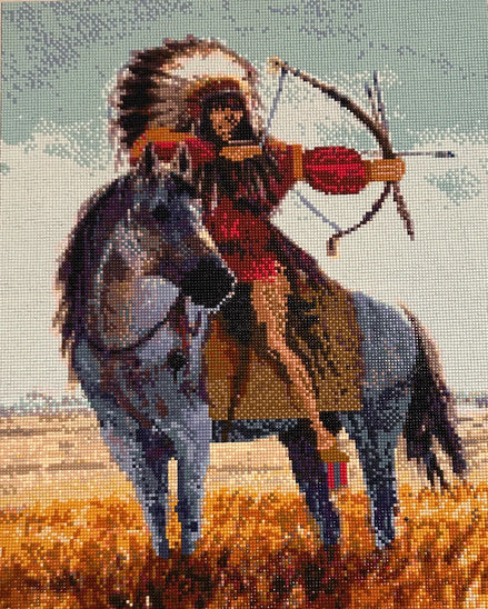 Guardian of the Plains Diamond Painting showcasing a rider on a horse with an archery bow in a vibrant landscape.