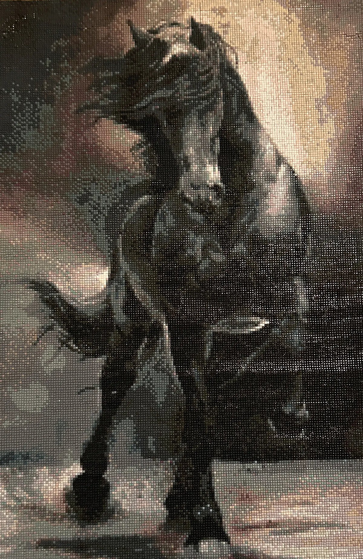 Midnight Fury Diamond Painting of a powerful black horse with flowing mane and dramatic background.