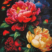 Midnight Garden Bloom Diamond Painting featuring vibrant flowers in rich colors on a dark background.
