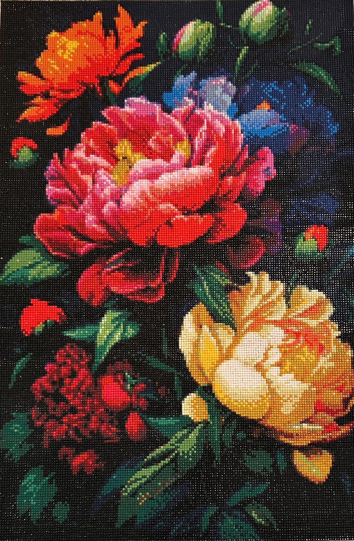 Midnight Garden Bloom Diamond Painting featuring vibrant flowers in rich colors on a dark background.