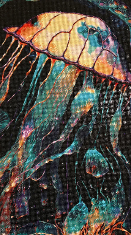 Close-up diamond painting of a jellyfish with yellow-orange bell and flowing teal, turquoise, purple and orange tentacles on a black background