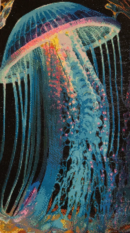 Luminous Drift Jellyfish Diamond Painting featuring colorful jellyfish with radiant light and intricate details.