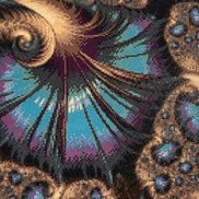 Close-up diamond painting mosaic of teal and purple petal shapes with gold-bronze clustered beads and black shading