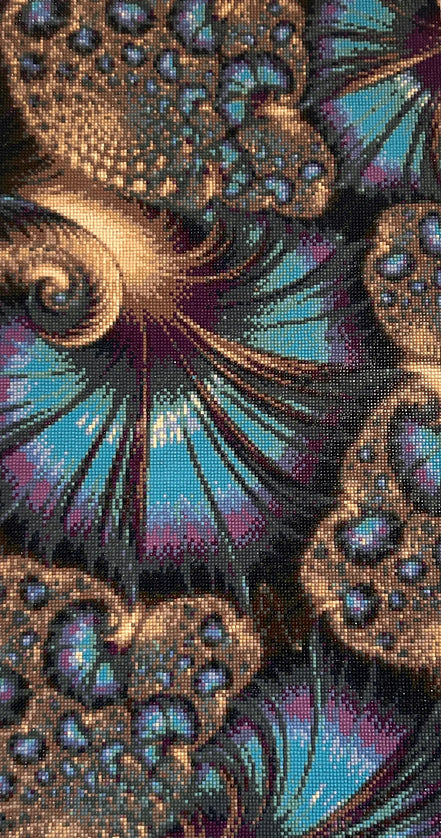 Close-up diamond painting mosaic of teal and purple petal shapes with gold-bronze clustered beads and black shading