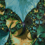 Close-up diamond painting with a grid of square drills forming emerald, teal and aqua spirals with gold and dark-green accents