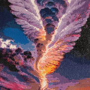 Vertical diamond-painting mosaic of an ascending winged figure with pink and purple wings, blue clouds, and orange sunset reflected on water