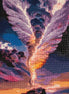Vertical diamond-painting mosaic of an ascending winged figure with pink and purple wings, blue clouds, and orange sunset reflected on water