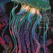 Close-up diamond painting of a teal jellyfish with hexagon-patterned bell and flowing blue, purple and pink tentacles on a black background.