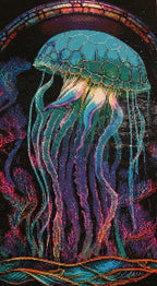 Neon Drift Jellyfish Diamond Painting showcasing vibrant jellyfish with luminous colors in deep ocean backdrop.