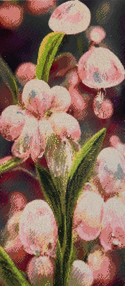 Blossom Glow Diamond Painting featuring vibrant pink blooms and green stems in a modern floral mosaic.