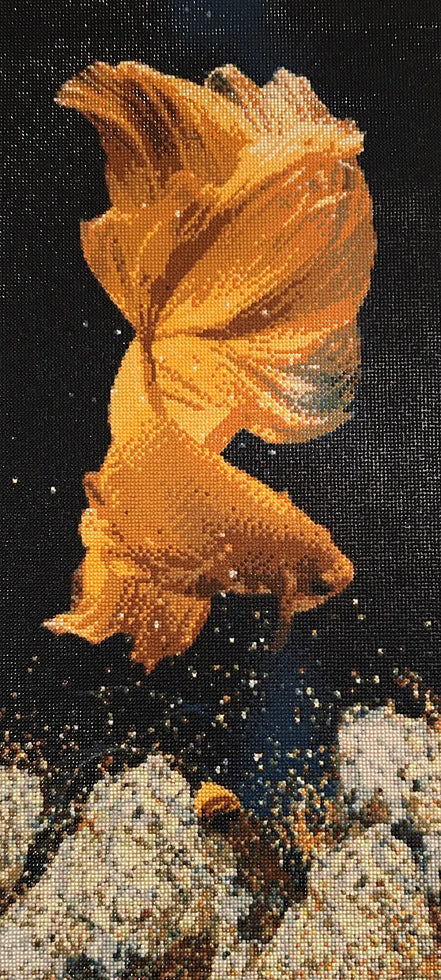 Golden Tide Betta Diamond Painting featuring a vibrant golden betta fish against a dramatic dark background.