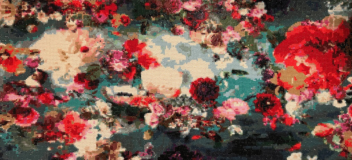 Garden Reverie Diamond Painting showcases vibrant floral designs with hand-placed resin diamonds in rich colors.