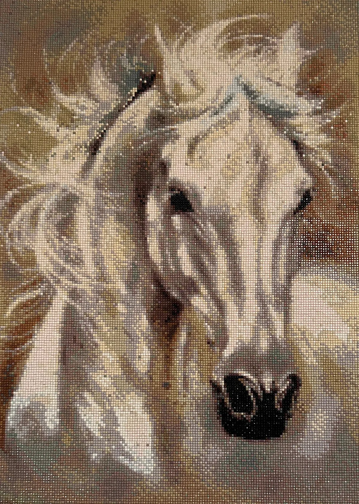 Whisperwind Stallion Diamond Painting featuring a white stallion with flowing mane and soft, radiant colors.