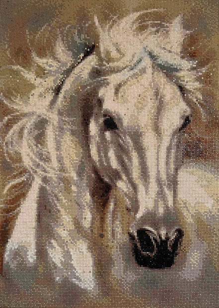 Whisperwind Stallion Diamond Painting featuring a white stallion with flowing mane and soft, radiant colors.
