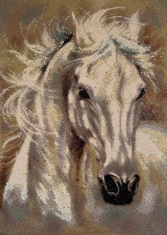 Whisperwind Stallion Diamond Painting featuring a white stallion with flowing mane and soft, radiant colors.