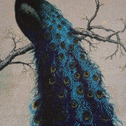 Azure Crest Peacock Diamond Painting featuring a majestic peacock on a branch with shimmering blue and green feathers.