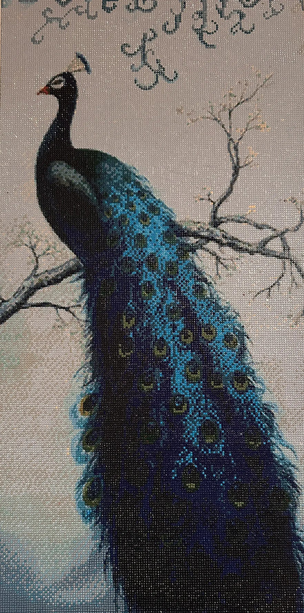 Azure Crest Peacock Diamond Painting featuring a majestic peacock on a branch with shimmering blue and green feathers.
