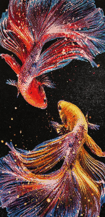 Vibrant Dual Flame Bettas Diamond Painting featuring colorful bettas in dynamic motion.